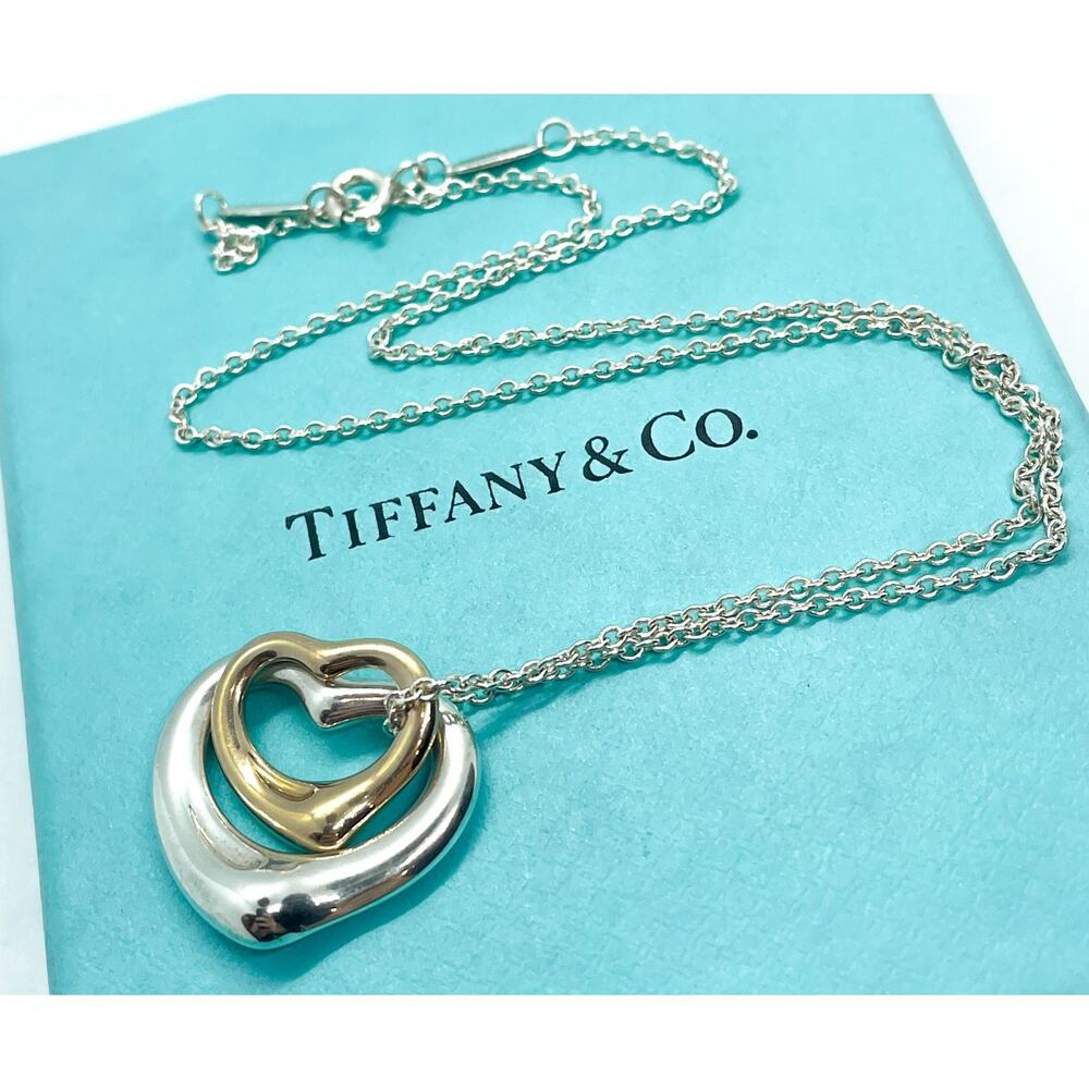 LARGE Tiffany & Co Elsa Peretti Double Open Heart Pendant Necklace 18k & Silver - Picture 2 of 13